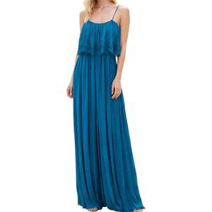 BCBGeneration Blue Pleated Maxi Dress XS – Lace Trim Boho Resort Style